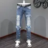 Męskie dżinsy High Street Fashion Men Retro Blue Endent Chude Fit Ribed Ceth Patched Designer Mody Hop Mrand Pants Hombre