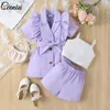 Clothing Sets Ceeniu 4-7Y Children's Suit For Girls Blazer Ruffles Coat Camisole Top Brown Pants Summer Kids Clothes