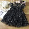 Robes de fille mode fille fille d'été robe enfants paillettes à volants manches anniversaire costume de princesse bébé soirée noire partille en tulle 3-8T