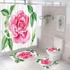 Shower Curtains 4PCS Pink Cherry Plum Blossom Curtain Sets Non-Slip Rug Toilet Lid Cover Floral Flower Bathroom Decor Bath Home