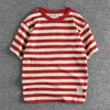 Summer American Retro Short Sleeve Oneck Navy Striped Tshirt Herr Fashion 100 Cotton Washed Heavyweight Casual Tops 240329