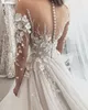 Graceful Wedding Dresses 3D-Floral Appliques Bridal Gowns Long Sleeve Sequins Custom Made A Line Sweep Train Vestidos De Novia