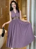 Sıradan Elbiseler 2024 Fransız Vintage Noble Maxi Robe Femme Dantel Panel Pileli A-Line Büyük Salıncak Uzun Elbise Kadınlar Mor Parti Prom
