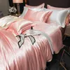 Real 100% Mulberry Silk Bedding Set with Duvet Cover Fitted/Flat Bed Sheet Pillowcase Solid Color 4pcs King Queen Twin Bed Sets