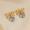 Dangle Earrings French Sweet And Elegant Bow Heart Drop For Women Gold Silver Plated Double Color Waterproof Stainless Steel Jewelry