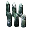 Naturliga kristaller Moss Agate Wands Healing Chakra Stones 6 Facetter Prisma Aquatic Agate Single Point Tower Home Decor