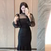 فساتين غير رسمية عالية الجودة تصميم مدرج رفيع ذيل فستان امرأة مثيرة ريترو هيبورن نمط المرقور مزاج متوسطة منتصف الطول