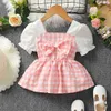 Girl's Dresses Child Girl Princess Clothing Pink Grid Puff Sleeve Short Sleeved Top with Bow Lovely Party Versatile Wear for Kids 4-7 Years