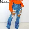 Jeans femininos Sexy buraco vintage rasgou mulheres finas de perna larga calça de jea