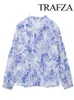 Damskie bluzki Trafza moda moda swobodny potargany niebieski kwiatowy nadruk single piersi bluzka kobieta wiosenna koronkowa dekoracja