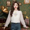 Women's Blouses Beads Embroidery Frog Button Shirt 2024 Spring Summer Clothes Ruffled Chiffon Patchwork Long Sleeve Blouse White Tops