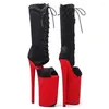 Chaussures de danse Auman Ale 26cm / 10 pouces noir avec daim rouge supérieur sexy exotique haute plate-forme de talon fête des femmes bottes bottes 002