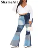 Plus Size High Waist Contrast Patchwork Tight Flared Jeans 3XL Street Wild Chi Wid Leg Elastic Skinny Bell Bottoms Grunge Pants