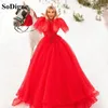 Party Dresses Sodigne Red Princess Prom Dress Puff Long Sleeves A-Line 3D Lace Applicies Tiered Women Celebrity Clown