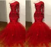 Elegant Red Prom Dresses One Shoulder Long Sleeves Mermaid Evening Gowns 2024 Lace Appliques Beads handmade Flowers Special Occasion Dress