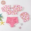 Baby Girl Swim Suit Top+Plaid Shorts+Cap 3PCS Infant Toddler Child Bear Print Swimwear Bathing Suit Summer Baby Clothes 1-12Y