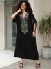 Basic Casual Dresses Embroidered Black Women Loose Kaftan Robe Summer Dresses Women 2024 Cozy Bohemian Holiday Beachwear House Dress Outfit Q1657 L49