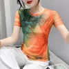 S-3xl Sweet Impring Floral Mesh Top Femmes O Col Coufre T-shirts Lady Elegant High Stretchy Tee T-shirt 240403