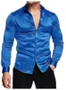 Camicia da abbigliamento in raso lussuoso lussuoso in seta luccicante camicia a bottone muscolare a maniche lunghe e taglie forme S-3XL 240407