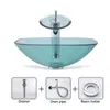 Blue Transparent Crystal Glass Bathroom Sinks Bathroom Washbasin 42cm Round Basin Washroom Hand Wash Pool with Waterfall Faucet