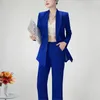 Pantalon de deux pièces pour femmes Zjyt Office Lady Blazer Clets For Woman Double Breasted Jacket Pant sets 2 pantalons assortis Set Blue Tenfit Elegant