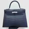 Sac à main designer Crocodile Cuir 7A Qualité Sacs authentiques à la main cousus 25cmreal Matte Blacl Deep Bluejdji