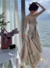 Sukienki swobodne damskie atrament drukowana szyfonowa sukienka midi vintage bez rękawów Slim Fashion Summer Boho Backless Holiday Beach szata