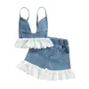 Clothing Sets Kids Girls Summer Lace Patchwork Backless Denim Tank Shorts 2Pcs For Baby Clothes Outfits