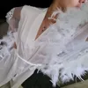 Bridal Long Kimono Robe Gown Mesh&Feather Patchwork Bathrobe Summer Perspective Nightgown Lingerie V-Neck Wedding Sleepdress