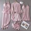 En dentelle sexy 5pcs Paintes de peignoir ensemble Femmes Pyjamas Set Loungewear Spring Summer Satin Kimono Robe Suit Sleeping Varse