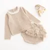 Broek lente herfst 2020 baby babymeisjes gebreide pure kleurjas met lange mouwen + lotus blad broek kleding sets voor kinderen meisje pak kleding