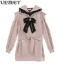 Women's Hoodies Spring And Autumn Hooded Lace Patchwork Cold-Shoulder Sweatshirt Long Sleeve Embroidered Bow Belt Loose Mid-Length Pullover