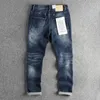 Herr jeans vita rippade hål förstörde tung tvättad blå denim för män vintage smala fit raka byxor ungdom 93% bomullsbyxor