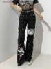 Women's Pants Capris InsGoth Y2K Punk Skull Printed Black Button Pants Harajuku High Waist Large Pocket Trousers Goth Mall Grunge Cargo Pants Techwear C240411