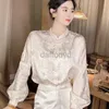 Women's Blouses Shirts Satin Womens Shirts Silk Flower Chinese Style Blouses O-neck Spring/Summer New Ladies Clothing Loose Long Sleeves Fashion Tops 240411