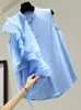 Koszule damskie 2024 Letnia marszczenie panelu bez rękawów stojąca koszula Koreańska luźna moda Trend A09