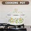 Doppelkessel Küche Emaille Stockpot Deckel kleiner Pfanne Herd Pot Retro Blume Eintopf Bohnen flache Emailware Sauce Vintage