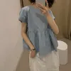 Sukienki Śliczne O lasce z krótkim rękawem Summer biały żółta niebieska bluzka Kobiet wysoka talia Koreańska elegancka peplum Kawaii Holiday Shirt