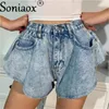 Zomer Women Casual gescheurde denim shorts sexy hoge taille ruche zoom losse ruched Jean Short Female Fashion Street Clothing 240411