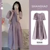 Koreański w stylu letni puff rękawy puff sukienki szyfonowa wysoka talia One w ciąży kobieta lekka suknia balowa niebieska fioletowa 240326