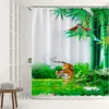 シャワーカーテン緑の竹カーテンセットファブリック森林動物タイガーバードイラスト植物プリントトイレ装飾バスフック