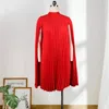 Casual Dresses Red Pleated Loose For Women Corike Sleeve Stand Collar High Street Party Classy Elegant Lady Overdimensionerade Prom -klänningar 2024