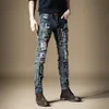 Fashionable and Distressed Personalized Embroidered Denim Pants for Men's Trendy and Nostalgic Slim Fit Elastic Pants