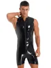 Masculino lingerie de uma peça de couro mancos de mancos de couro de uma peça molhada com zíper bodysuit pólo de dança de dança rave festas clubwear