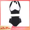 Two Tone Swimsuit Grommet High Rise Halter Padded Tankini Swimwear Set