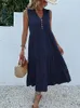 Jim Nora Casual Summer Midi Robe Femme sans manches Tank V Boutons Neck Ruffle Robes Loose Bel