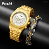 Нарученные часы Poshi Luxury Quartz Watch Nearslable Steel Business Men's Наручительные с датой хронографом оригинальные часы мужские часы подарок