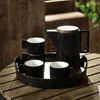 Mugs 4 Mug 1 Kettle Tray Ceramic Coffee Pot Set Black White 150ml Cup 1050ml With Acacia Lid Tea