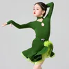 Wear 2024 Fashion Long Manchet National Standard Latin Dance Professional Robe For Girls Samba Chacha Green XS7687