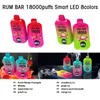 Rum Bar18000 Puffs Smart LED 18K Pen de vape desechable 550 mAh 28ml Bobina de malla Mesh Kit de barra recargable 2% 5% Vapes de dispositivo prefellado Autorizado